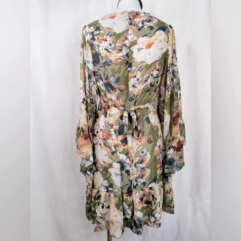 Betsy Johnson Boho Olive Green Floral Ruffle Mini Dress Bell Sleeves Size 8 - Picture 5 of 14
